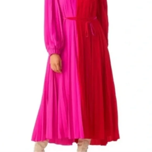 CROSBY by Mollie Burch Vibrant Pink and Red Pleated Belted Valentines Midi Dress - Picture 4 of 6